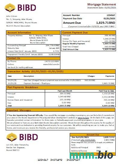 Brunei Bank Islam Brunei Darussalam wyciąg z kredytu hipotecznego szablon Word i PDF